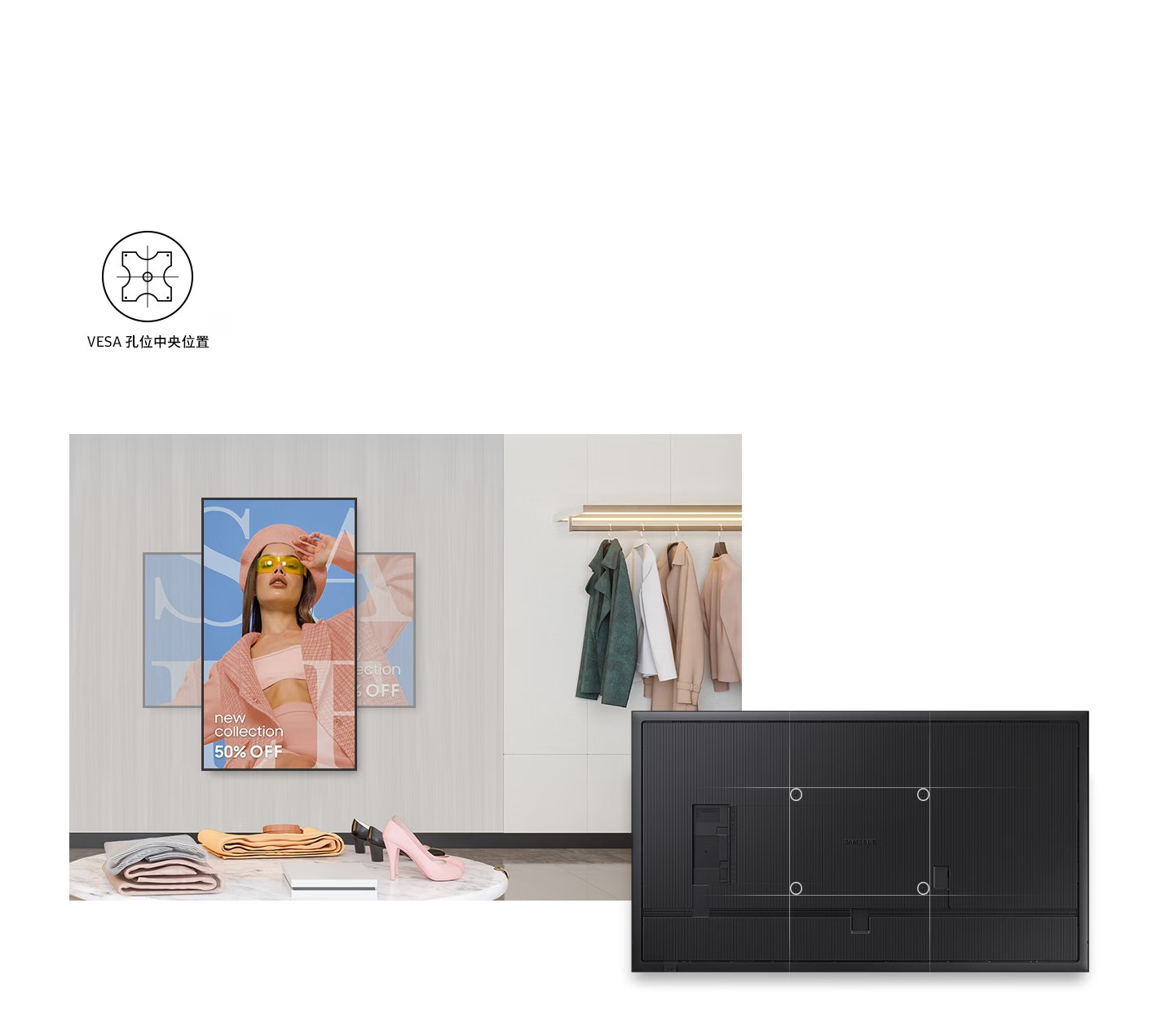 Samsung 4K商用顯示器在服飾店展示新品廣告