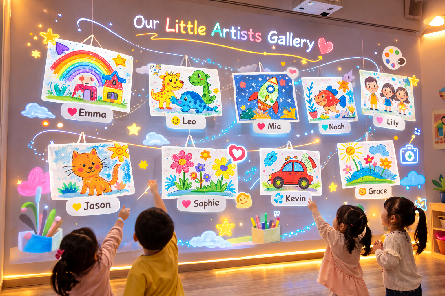 Our Little Artists Gallery：孩子作品展示在互動牆上